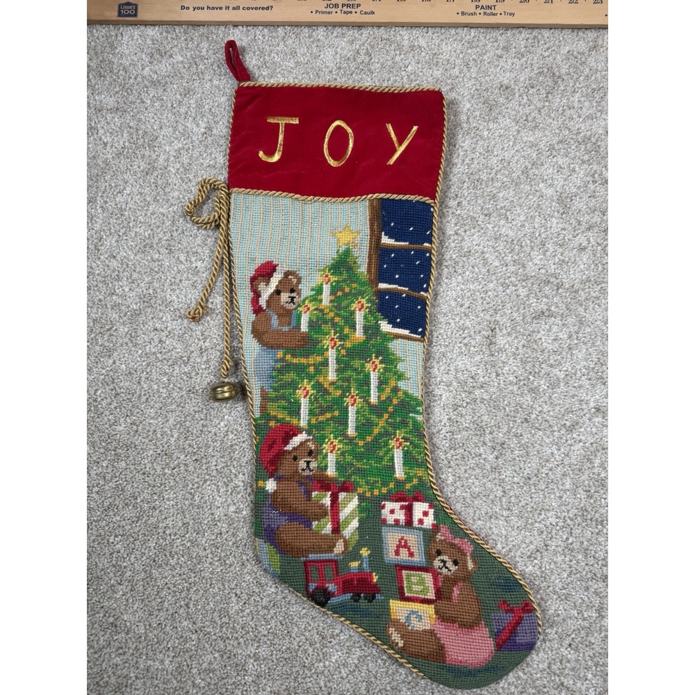 Needlepoint‎ Christmas Stocking Teddy Bear Tree Red Velvet Holiday Mantle Decor